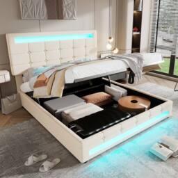 Merax 4ft6 Double Velvet Ottoman Storage Bed with Lights & Tufted Headboard in Beige