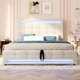 Merax 4ft6 Double Velvet Ottoman Storage Bed with Lights & Tufted Headboard in Beige - thumbnail 5