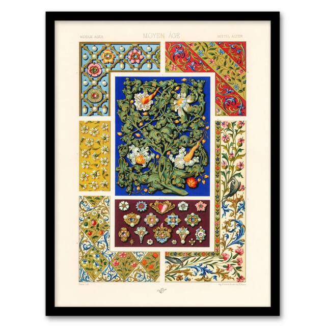 "Artery8 Floral Middle Ages Patterns Racinet Vintage Framed Wall Art Print - Size: W12"" x H16""" - image 1