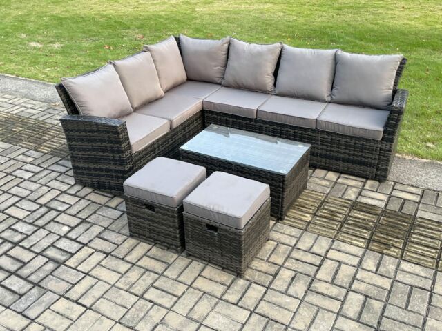 Fimous 8 Seater Outdoor Furniture Garden Dining Set Rattan Corner Sofa Set with Rectangular Coffee Table 2 Small Footstools in Dark Grey - image 1