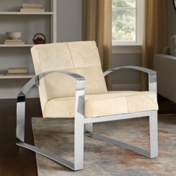 Orsina Hairon Leather Chair With Steel Legs For Patio, Modern White Upholstery Chair, Stainless Steel Accent Chair in Silver