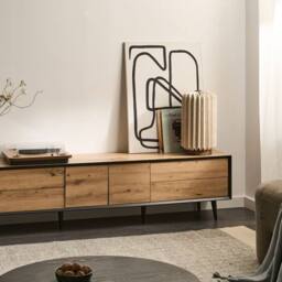 Wyld and Coco TV Stand - Light Brown MDF 2 Doors 4 Drawers Metal Legs