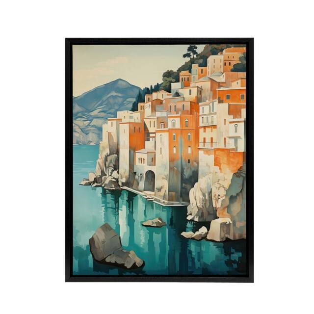 "Artery8 Amalfi Coast Coastal Village Houses Italy Framed Canvas Wall Art Print in Blue - Size: W12"" x H16""" - image 1