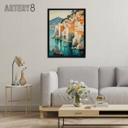 "Artery8 Amalfi Coast Coastal Village Houses Italy Framed Canvas Wall Art Print in Blue - Size: W12"" x H16""" - thumbnail 3