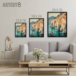 "Artery8 Amalfi Coast Coastal Village Houses Italy Framed Canvas Wall Art Print in Blue - Size: W12"" x H16""" - thumbnail 4
