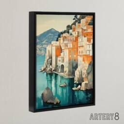 "Artery8 Amalfi Coast Coastal Village Houses Italy Framed Canvas Wall Art Print in Blue - Size: W12"" x H16""" - thumbnail 2