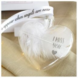 Amaya Rose Ltd I MISS YOU In Memory of Feather Heart Bauble Gift Boxed in Clear - thumbnail 4