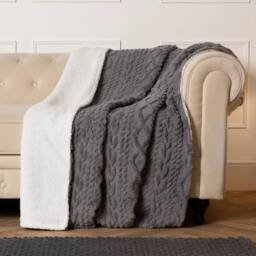 Kelvenix Cable Knit Blanket Sherpa Fleece Sofa Plush Soft Warm - Grey - Size: 100 cm x 190 cm - thumbnail 2