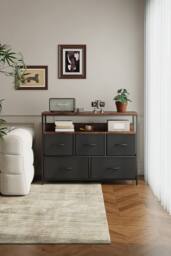 Living and Home 5-Drawer Metal Frame Chest of Drawers Storage Cabinet with Power Strip in Black - thumbnail 1