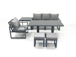 Fimous 6 Seater Garden Sofa Set Aluminium Furniture Rising Dining Tabe Set with Chair Side Table 2 Small Footstools Dark Grey - thumbnail 2