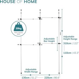 House of Home Telescopic Double Rail Clothes Wardrobe Organise Hanging Rack Adjustable Storage in White - thumbnail 2