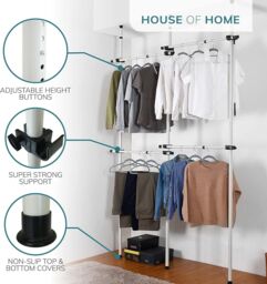House of Home Telescopic Double Rail Clothes Wardrobe Organise Hanging Rack Adjustable Storage in White - thumbnail 3