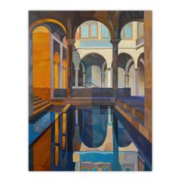 "Artery8 Roman Bath Architecture Water Reflection Painting Wall Art Print - Size: W24"" x H32""" - thumbnail 1