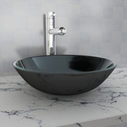 Berkfield Home Basin Tempered Glass 42 cm Black - thumbnail 1