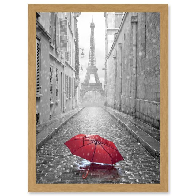Artery8 Eiffel Tower In Paris Red Umbrella Rain Alley Cobbles Artwork Framed Wall Art Print A4 in Light Oak - image 1