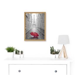 Artery8 Eiffel Tower In Paris Red Umbrella Rain Alley Cobbles Artwork Framed Wall Art Print A4 in Light Oak - thumbnail 2