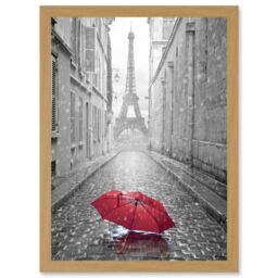 Artery8 Eiffel Tower In Paris Red Umbrella Rain Alley Cobbles Artwork Framed Wall Art Print A4 in Light Oak - thumbnail 1