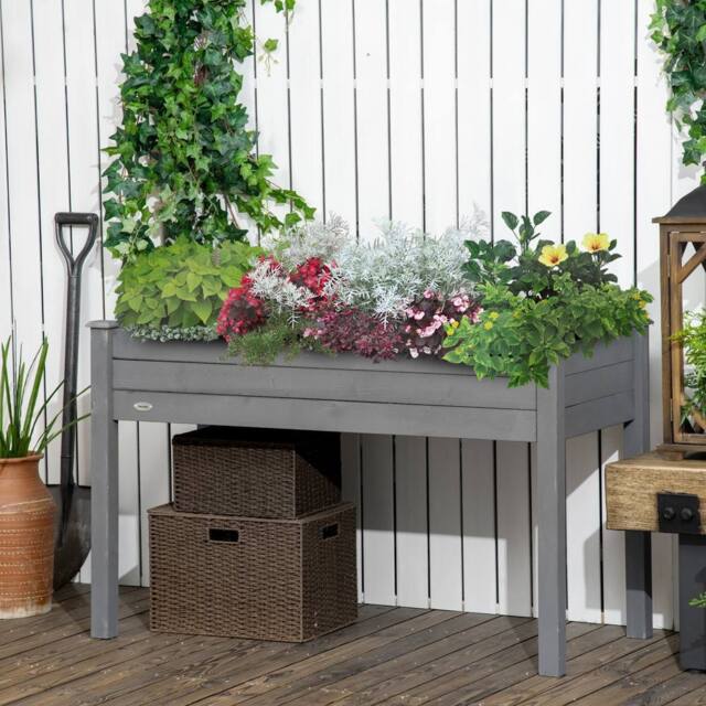 OUTSUNNY Garden Wooden Planter Flower Raised Bed, Dark Grey - image 1