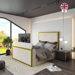 KDMD Adisham Upholstered Electric Media Gold & Cream White TV Bed Frame in Off-White - Size: Super King - thumbnail 4