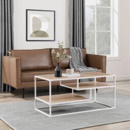 EONLION Modern Tiered Metal & Wood Coffee Table in Light Oak - Size: B - thumbnail 6