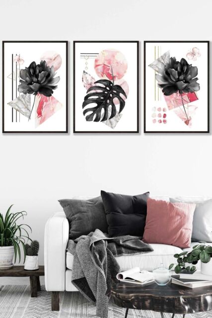 ARTZE Set of 3 Black Framed Abstract Pink & Black Botanical Wall Art in Bright Pink - Size: W33 cm x H45 cm x D20mm - image 1