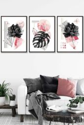 ARTZE Set of 3 Black Framed Abstract Pink & Black Botanical Wall Art in Bright Pink - Size: W33 cm x H45 cm x D20mm
