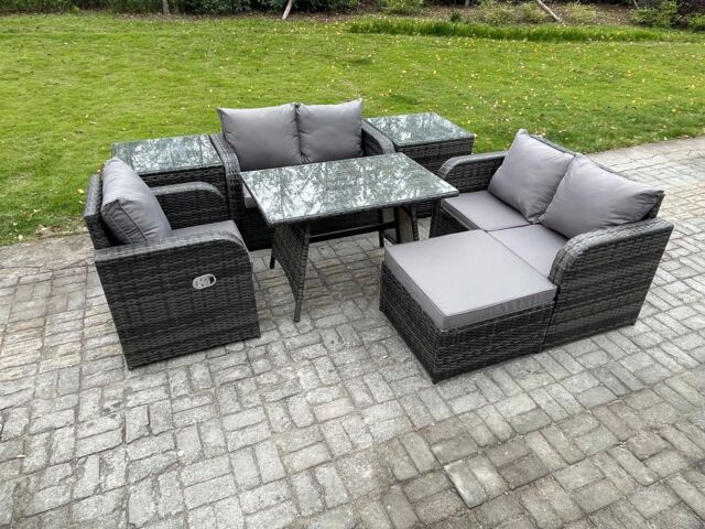 Fimous 7 Pieces Outdoor Garden Dining Sets Rattan Furniture With Dining Table Armchairs Love Sofa 2 Side Tables Big Footstool Dark Grey Mixed - image 1