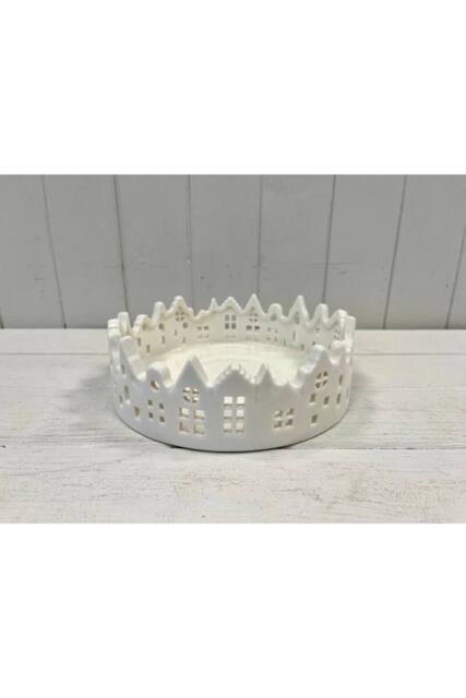 KDMD White Glazed Ceramic Candle Tray with Silhouette Houses Design - image 1