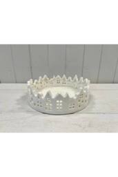 KDMD White Glazed Ceramic Candle Tray with Silhouette Houses Design - thumbnail 2