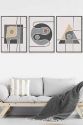 ARTZE Set of 3 Dark Grey Framed Mid Century Graphical Shapes in Grey & Yellow Wall Art - Size: W33 cm x H45 cm x D20mm - thumbnail 1