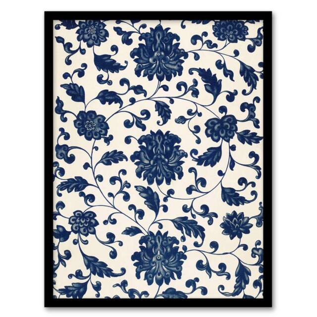 Artery8 Owen Jones Elegant Blue Flower Textile Motif Framed Wall Art Print - Size: A4 - image 1