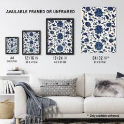 Artery8 Owen Jones Elegant Blue Flower Textile Motif Framed Wall Art Print - Size: A4 - thumbnail 3