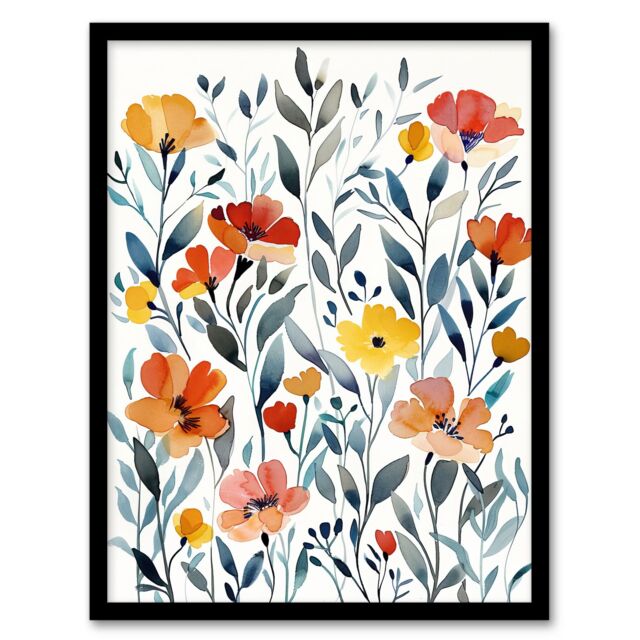 "Artery8 Watercolour Wildflower Field Orange Yellow Floral Framed Wall Art - Size: W12"" x H16""" - image 1