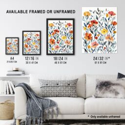 "Artery8 Watercolour Wildflower Field Orange Yellow Floral Framed Wall Art - Size: W12"" x H16""" - thumbnail 3