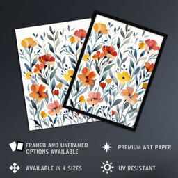 "Artery8 Watercolour Wildflower Field Orange Yellow Floral Framed Wall Art - Size: W12"" x H16""" - thumbnail 2