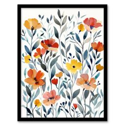 "Artery8 Watercolour Wildflower Field Orange Yellow Floral Framed Wall Art - Size: W12"" x H16""" - thumbnail 1