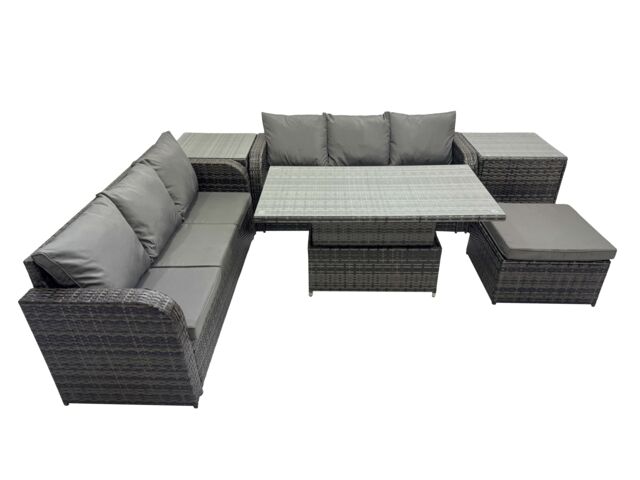 Fimous Rattan Garden Furniture Dining Set 7-seater with 2 Side Table in Dark Grey - image 1