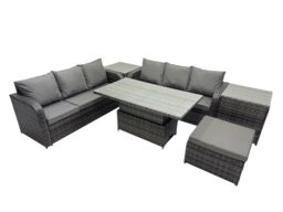 Fimous Rattan Garden Furniture Dining Set 7-seater with 2 Side Table in Dark Grey - thumbnail 2