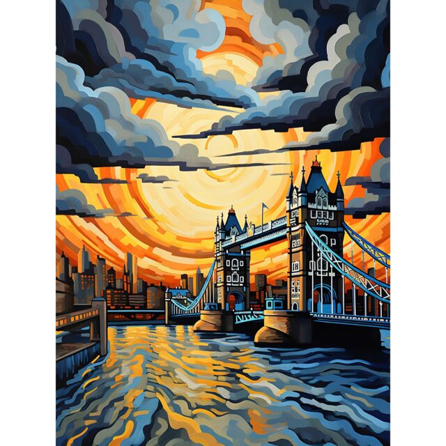 "Artery8 Wall Art Print London Tower Bridge Dramatic Sunset Vibrant Artwork Blue Orange River Thames England Cloudy Sky Poster - Size: W24"" x H32""" - image 1