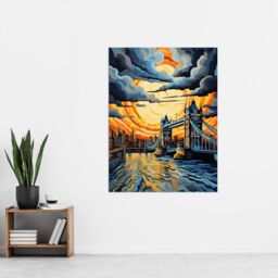 "Artery8 Wall Art Print London Tower Bridge Dramatic Sunset Vibrant Artwork Blue Orange River Thames England Cloudy Sky Poster - Size: W24"" x H32""" - thumbnail 2