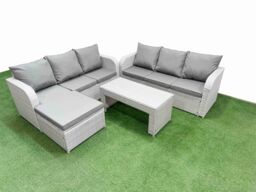 Fimous Outdoor Garden Furniture Sets 7 Seater Wicker Rattan Furniture Sofa Sets w/ Oblong Coffee Table high Back Lounge Sofa Big Footstool Light Grey - thumbnail 1
