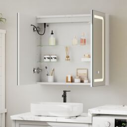 Living and Home Double-Door Bathroom Mirror Cabinet with LED Lighting in Silver - thumbnail 4