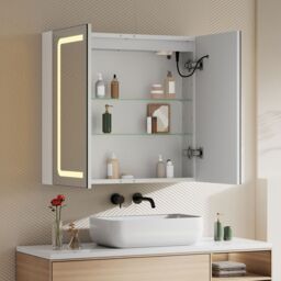 Living and Home Double-Door Bathroom Mirror Cabinet with LED Lighting in Silver - thumbnail 2