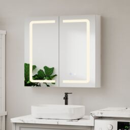 Living and Home Double-Door Bathroom Mirror Cabinet with LED Lighting in Silver - thumbnail 3