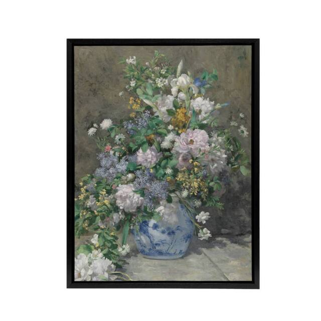 "Artery8 Spring Bouquet in Vase Renoir Vintage Black Framed Canvas Wall Art in Grey - Size: W12"" x H16""" - image 1