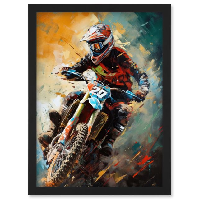 Artery8 Motocross Race Driver Sport Action Shot Painting Artwork Framed Wall Art Print A4 in Black - image 1