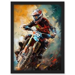 Artery8 Motocross Race Driver Sport Action Shot Painting Artwork Framed Wall Art Print A4 in Black - thumbnail 1