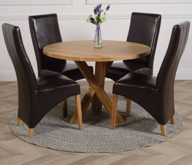 Thats Furniture Oregon Round Oak Dining Table & 4 Lola Leather Chairs in Brown - image 1