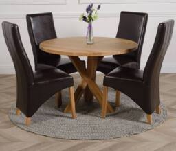 Thats Furniture Oregon Round Oak Dining Table & 4 Lola Leather Chairs in Brown - thumbnail 1