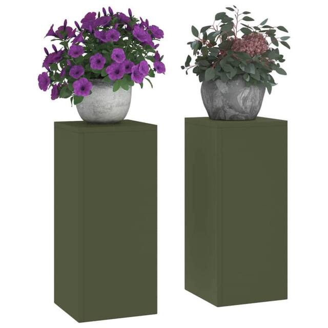 Berkfield Home Outdoor Plant Stands Pillar 2 pcs Olive Green 24x24x55 cm Steel - Size: 24 x 24 x 55 cm - image 1